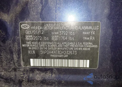 2013 Hyundai Elantra Limited z USA, uszkodzony, nr VIN 5NPDH4AE8DH232673